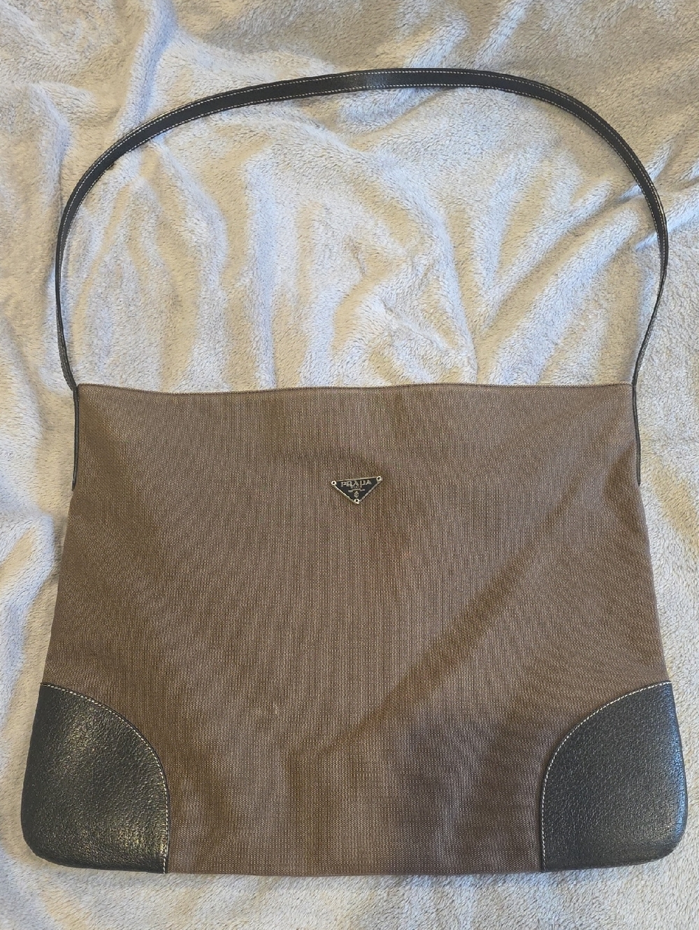 Vintage Prada Taupe Canvas Crossbody Bag with Black Leather Accents